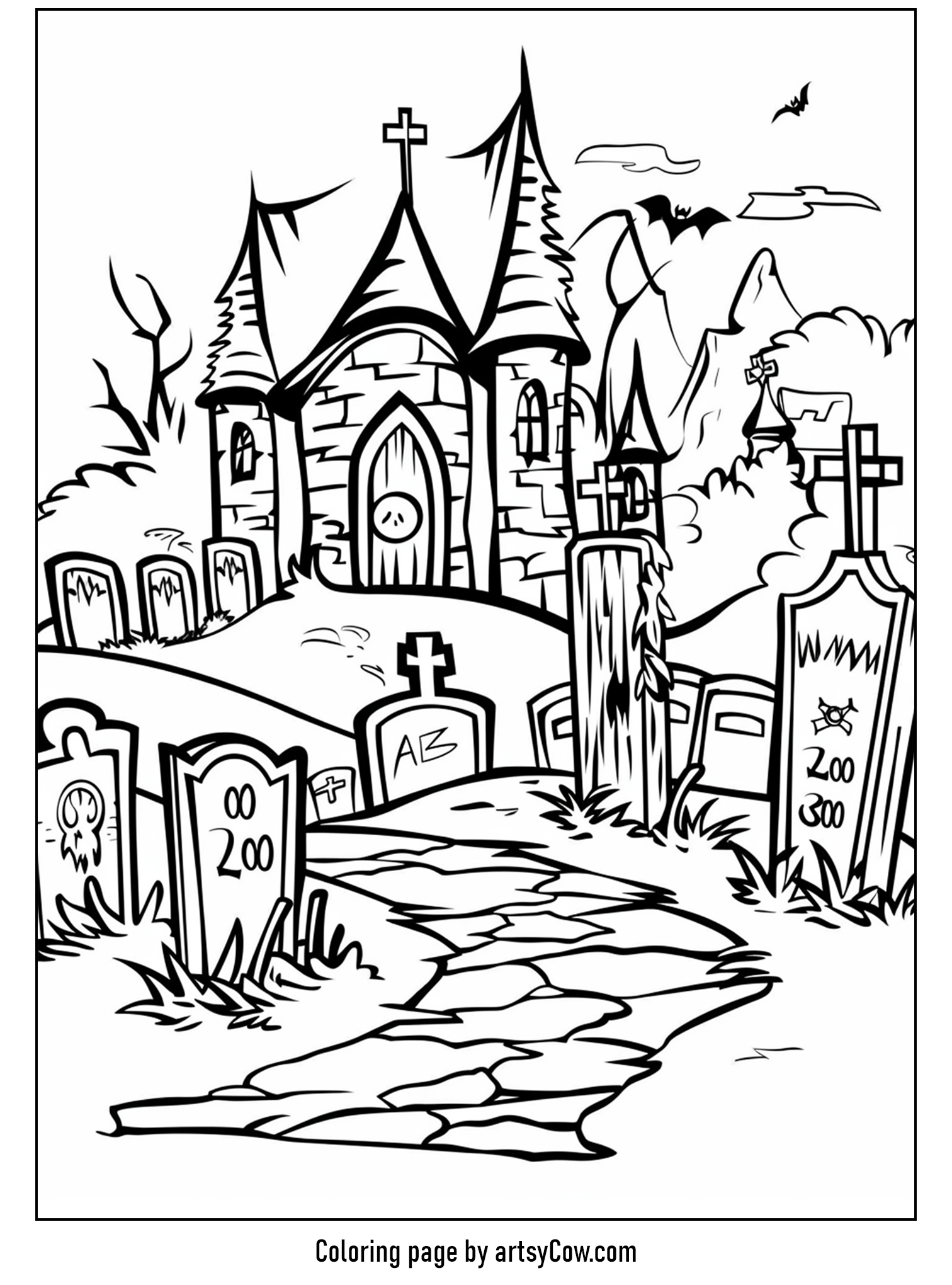 scary halloween coloring pages featuring a spooky graveyard with crumbling tombstones, a eerie chapel, and ominous bats flying against a cloudy sky